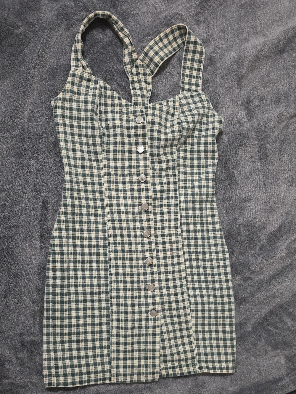 Vintage Grunge Green Plaid Button-Front Mini Dress with Straps